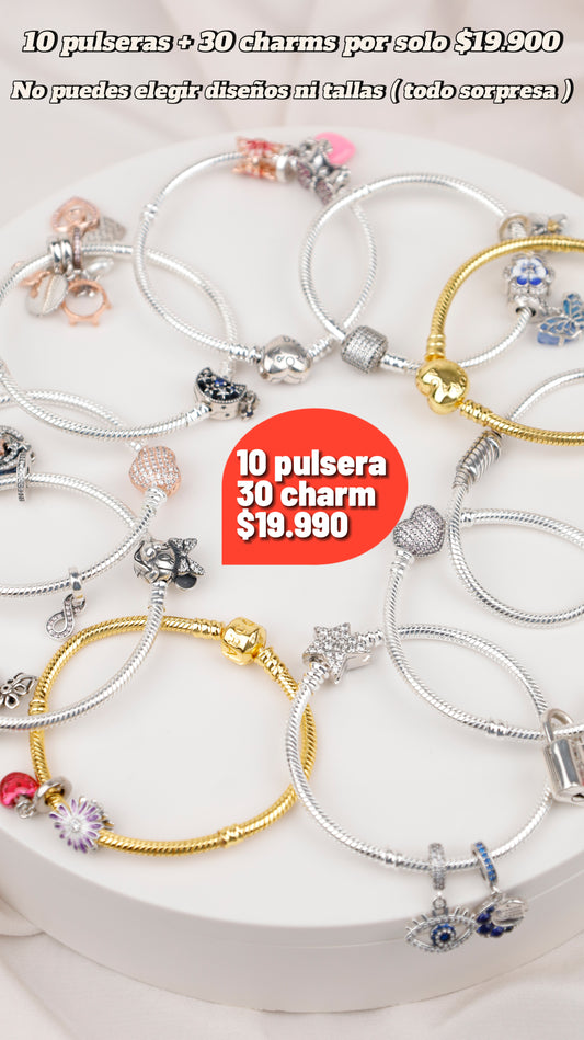 Kit 10 pulseras (sorpresa)  y 30 charms (sorpresa) KPC01