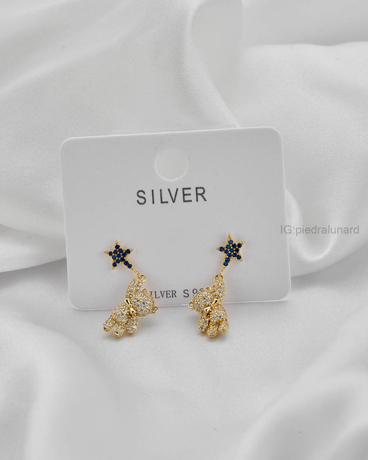 Aretes Estrella azul y osito en circonitas A08