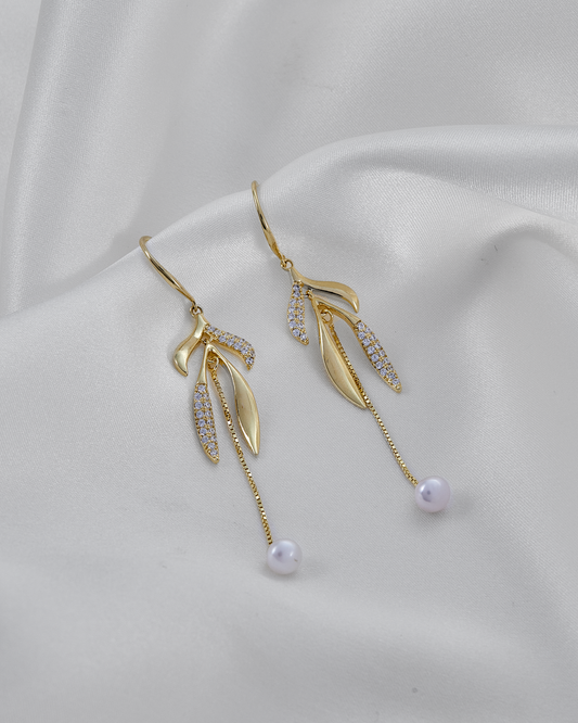 Aretes hojas circonitas y cadena colgante con perla IM4 - A48