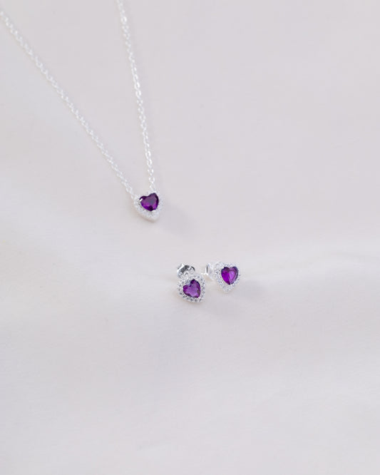 Set cadena y aretes corazón morado CPP01