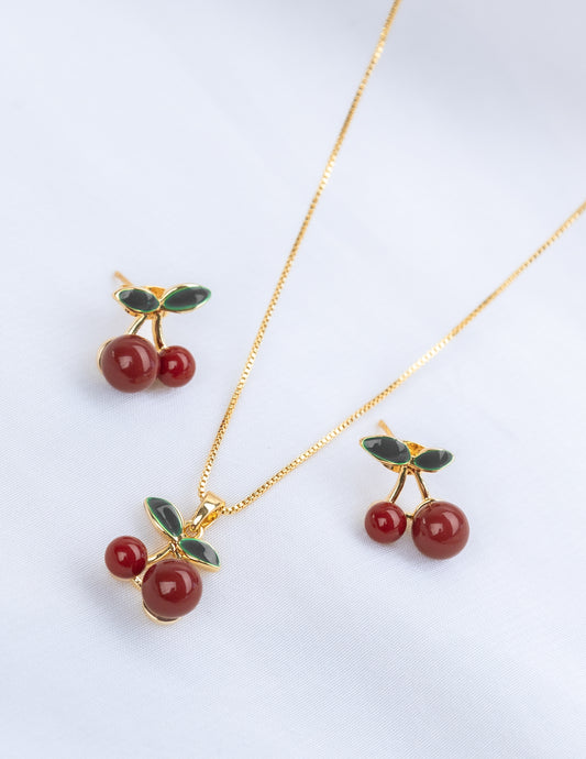 Set Cadena y Aretes Oro Laminado Cherry Liso CR02