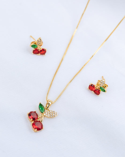 Set Cadena y Aretes Oro Laminado Cherry CR01